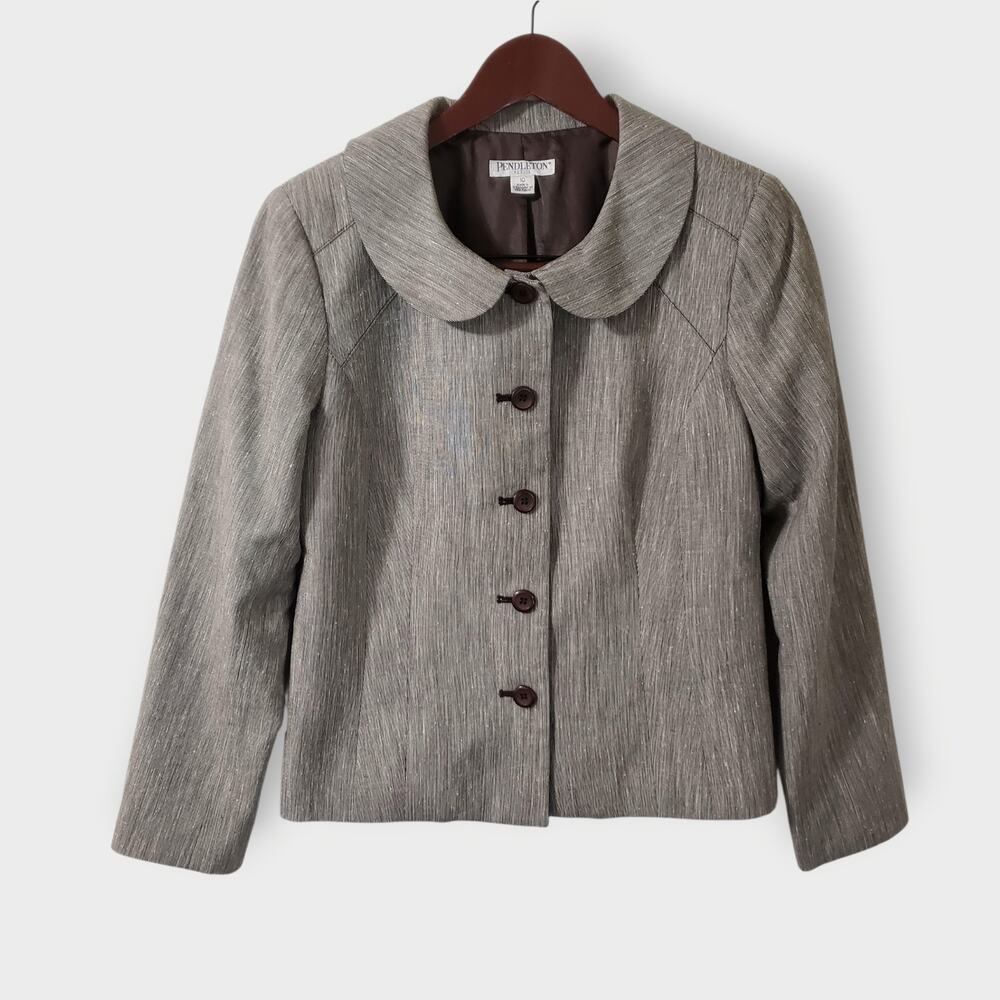 Pendleton Womens Wool‎ Silk Peter Pan Collar Blazer Brown Gray Sz 10P Preppy
